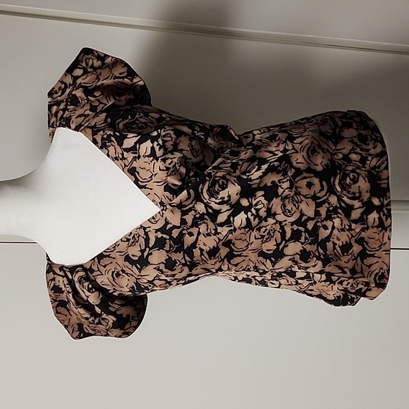 Ann Taylor wrap short puff sleeve blouse brown/black flower fairy fall 0 y2k - Picture 1 of 11